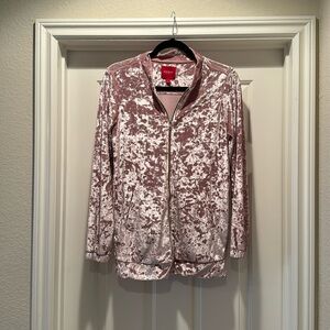Guess pink crushed velvet zip up with elastic wrists and pockets